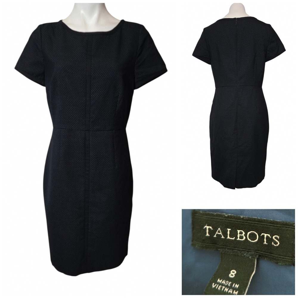 Talbots dress sz 8 Navy Blue Pin Dot Wool Blend Sheath Short Sleeve office fall